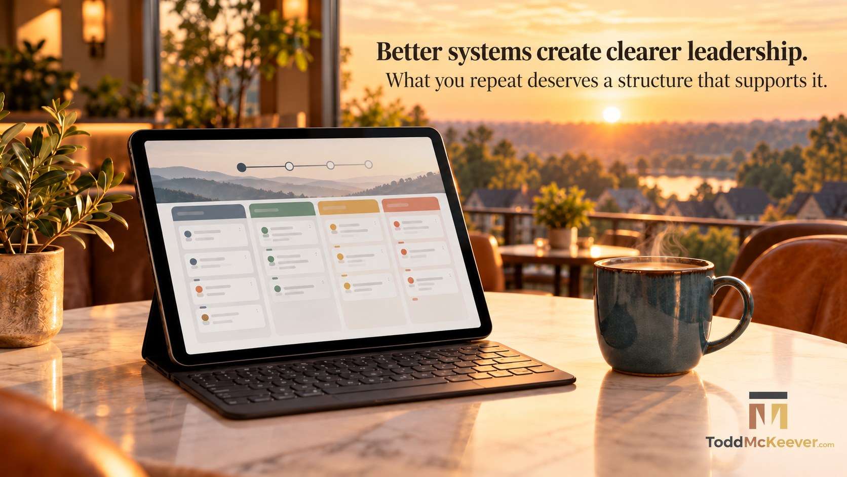 Tablet showing a productivity app beside a cup of coffee on a desk at sunset, representing a leadership system at work.
