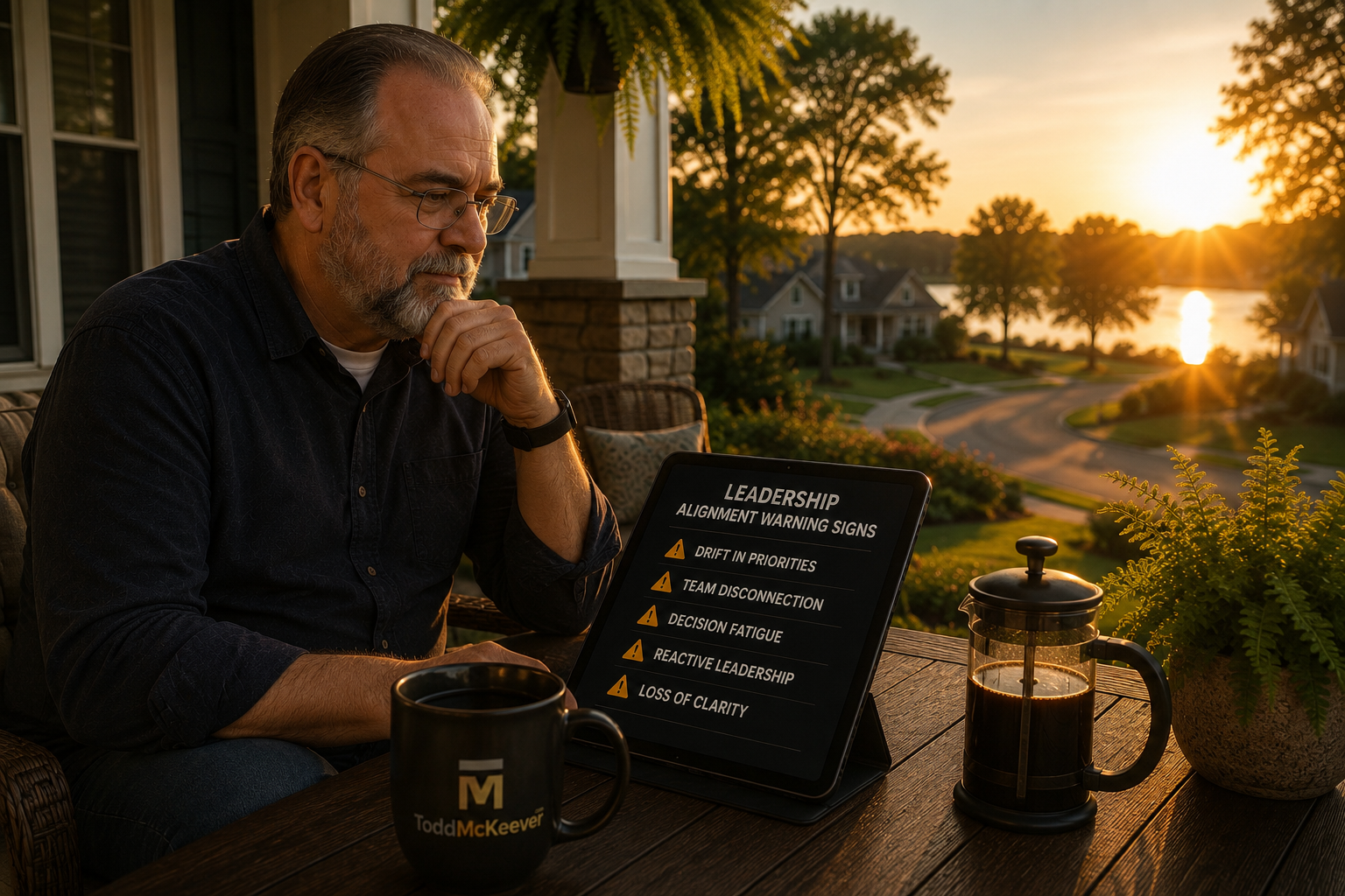 A man on a porch beside a tablet listing leadership alignment warning signs: drift in priorities, team disconnection, decision fatigue, reactive leadership and loss of clarity.