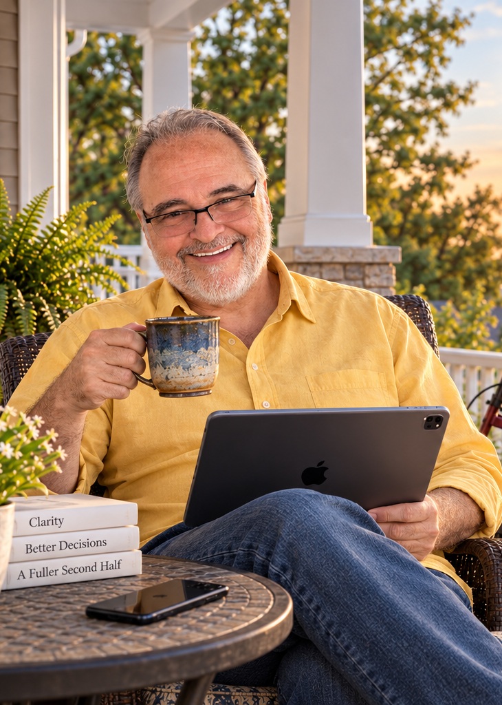 Todd McKeever on his porch with a coffee mug, tablet and books