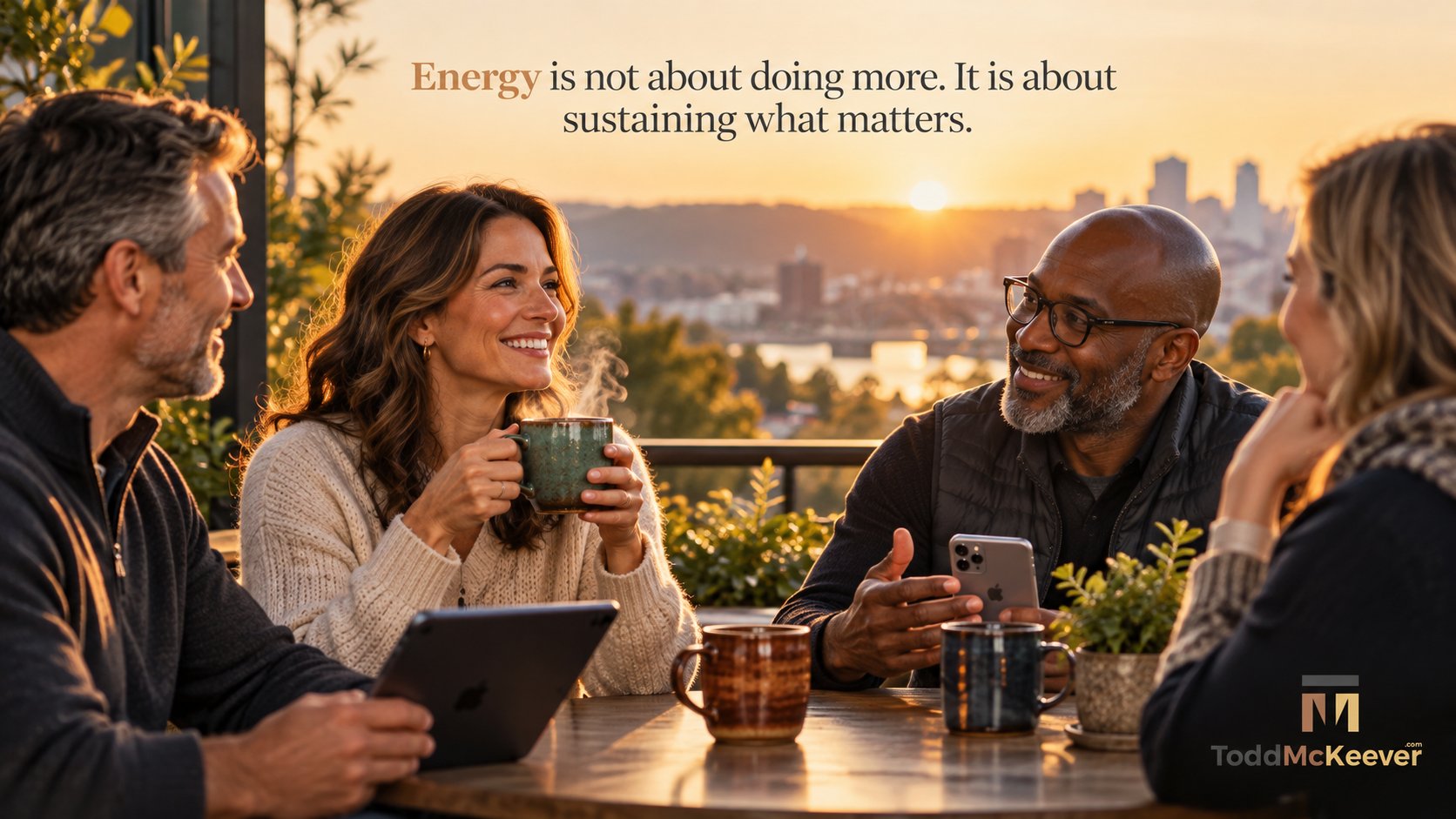 Todd McKeever seated on his porch at sunrise, thinking about leadership energy