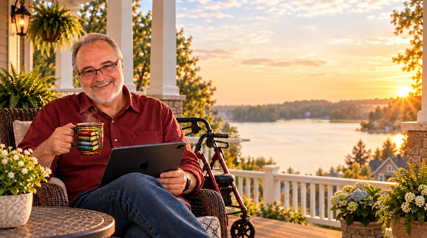 Todd McKeever on his porch at sunset holding a book-covered coffee mug and a tablet