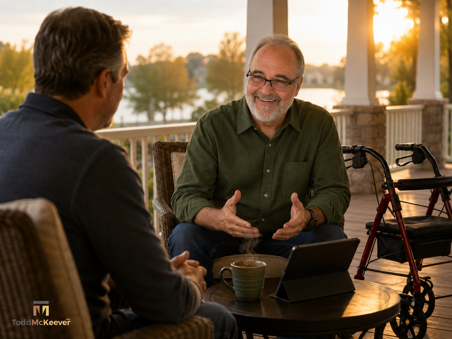 Todd McKeever in a one-on-one coaching conversation on his porch