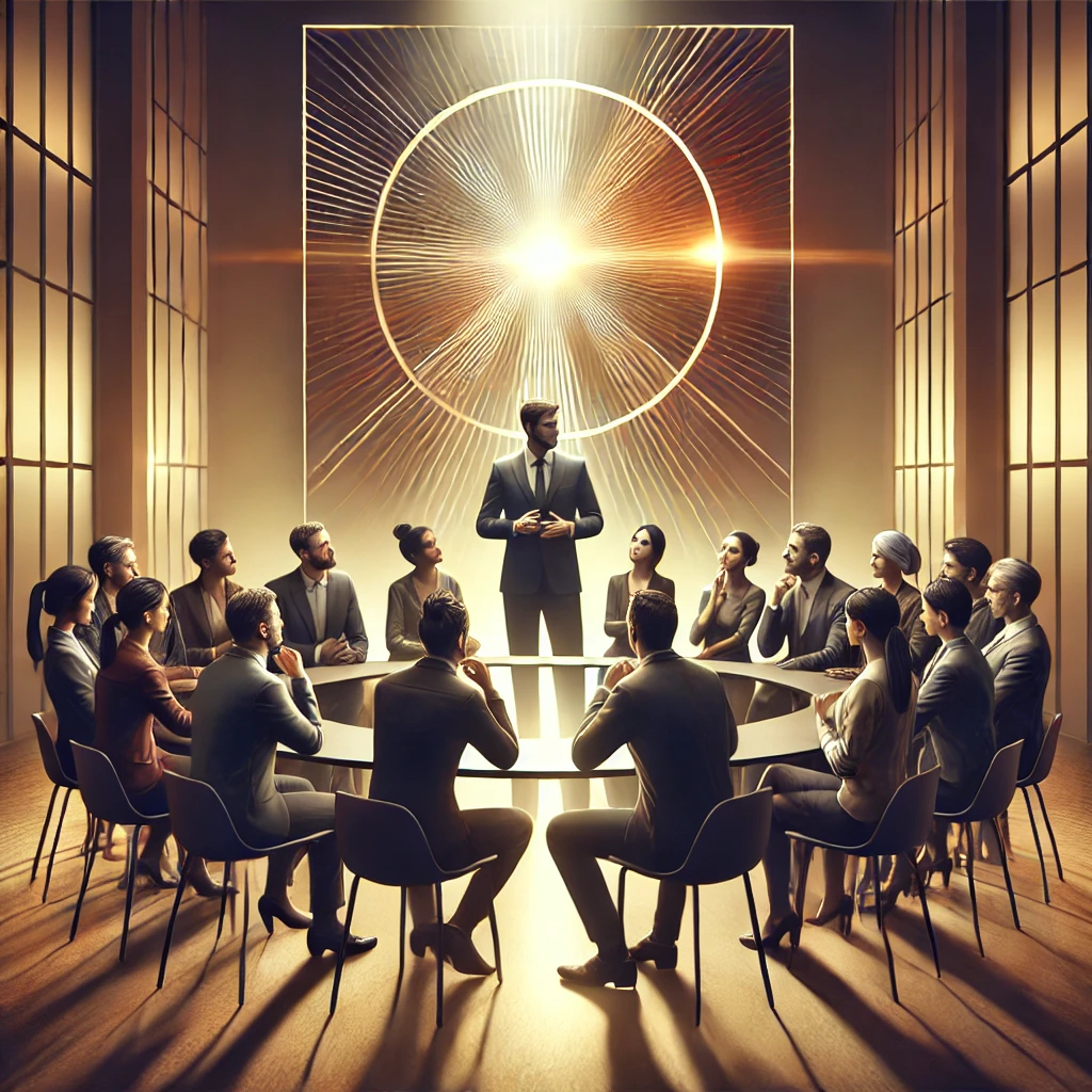 A realistic depiction of a diverse team collaborating under the guidance of a leader, symbolizing empowerment and leadership in a modern workspace.